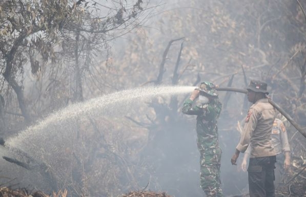 Patroli Udara Karhutla, Kapolda dan Pangdam Turun Padamkan Api di Pelalawan